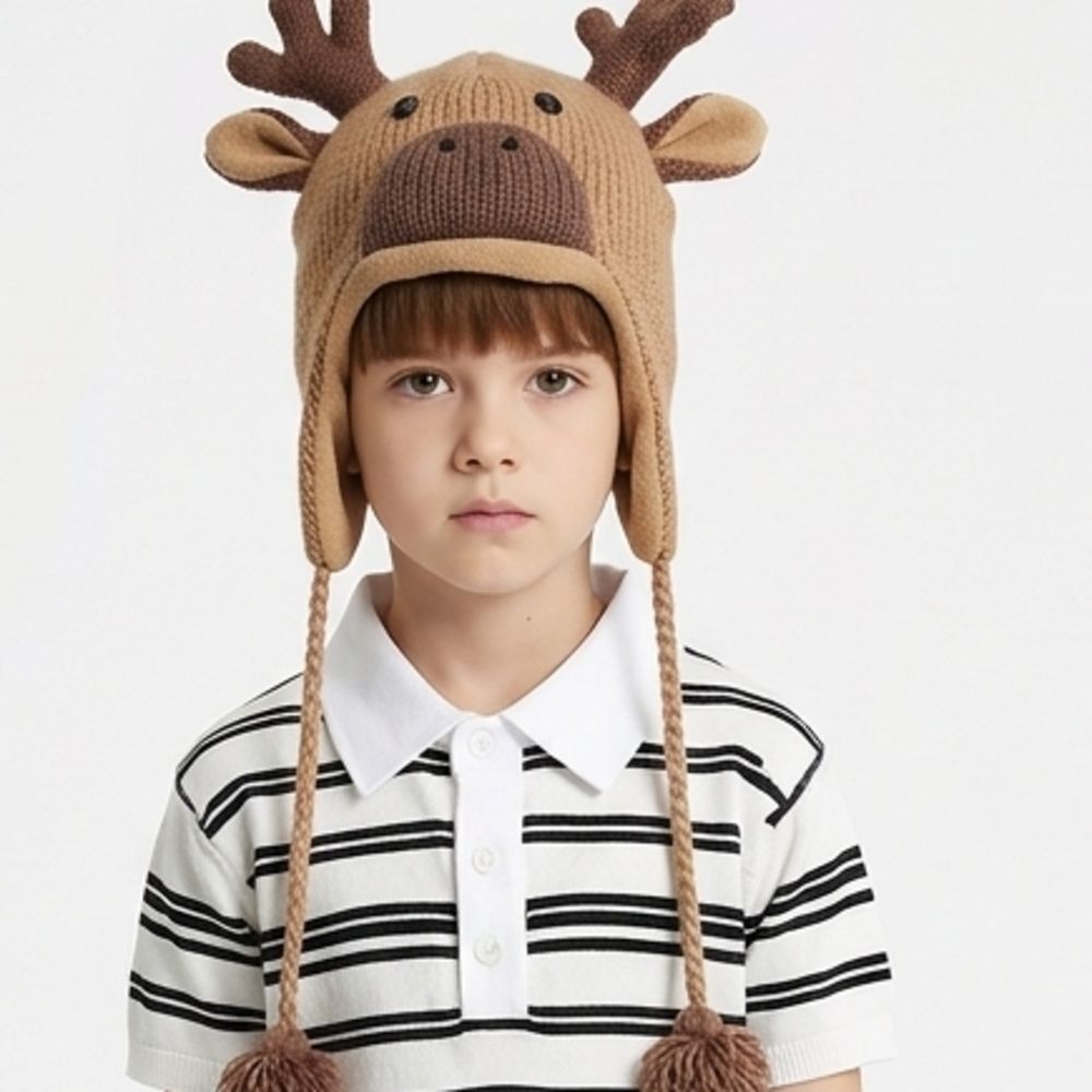 Adorable Kids' Reindeer Knit Hat - Brown and Tan